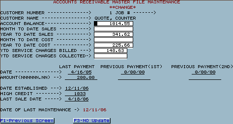 Lumber Customer File Update screen 2